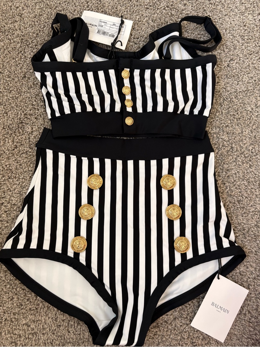 Balmain Black and White Striped Two-Piece Set with Gold Buttons